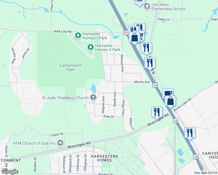 map of restaurants, bars, coffee shops, grocery stores, and more near 411 Coulter Avenue in Cantonment