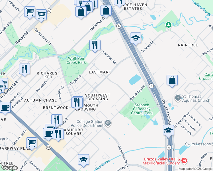 map of restaurants, bars, coffee shops, grocery stores, and more near 2500 Central Park Lane in College Station