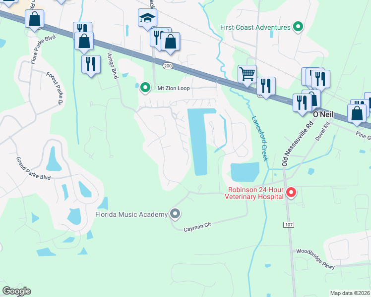 map of restaurants, bars, coffee shops, grocery stores, and more near 96054 Waterway Court in Fernandina Beach