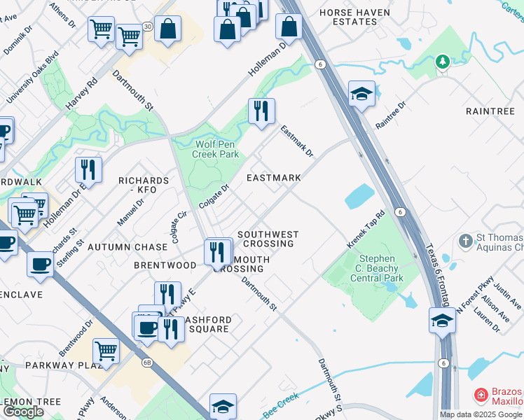 map of restaurants, bars, coffee shops, grocery stores, and more near 905 Azalea Court in College Station