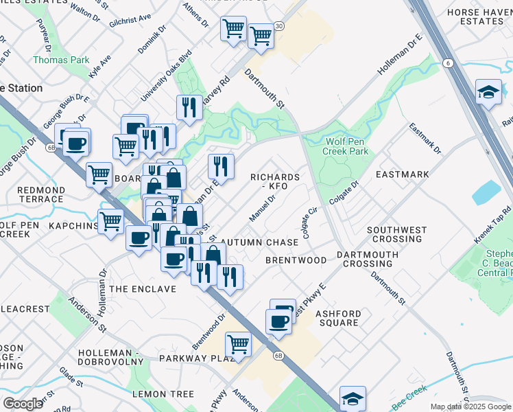 map of restaurants, bars, coffee shops, grocery stores, and more near 215 Sterling Street in College Station