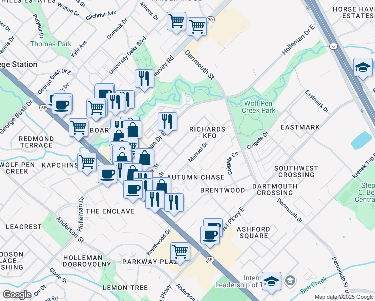 map of restaurants, bars, coffee shops, grocery stores, and more near 215 Sterling Street in College Station