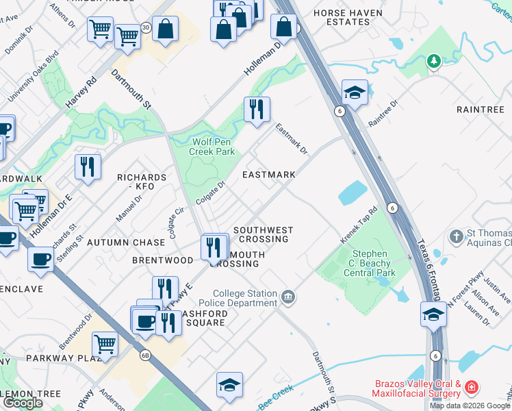 map of restaurants, bars, coffee shops, grocery stores, and more near 905 Azalea Court in College Station