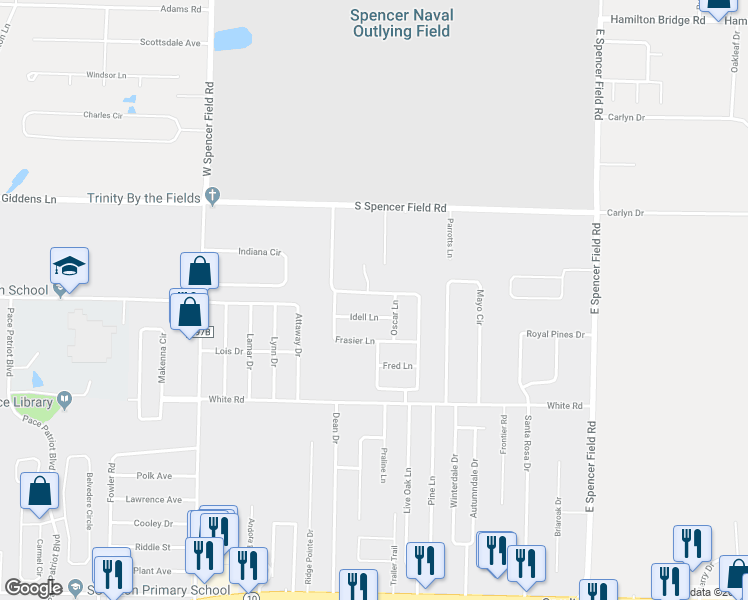map of restaurants, bars, coffee shops, grocery stores, and more near 4873 Spencer Oaks Boulevard in Pace