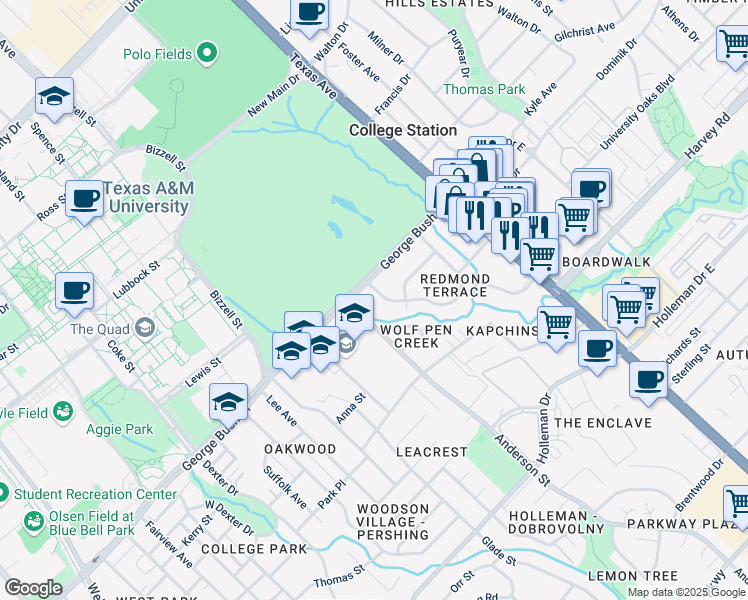 map of restaurants, bars, coffee shops, grocery stores, and more near 100 Redmond Drive in College Station