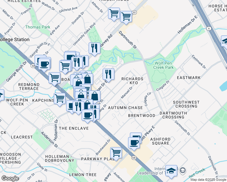 map of restaurants, bars, coffee shops, grocery stores, and more near 207 Richards Street in College Station