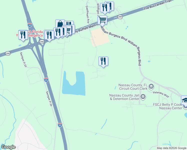 map of restaurants, bars, coffee shops, grocery stores, and more near 76093 Harper Chapel Road in Yulee