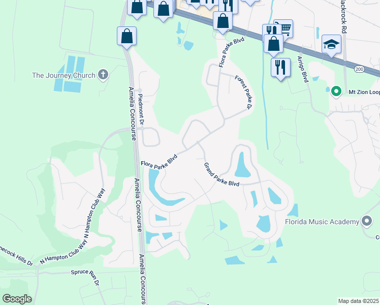 map of restaurants, bars, coffee shops, grocery stores, and more near 23433 Flora Parke Boulevard in Fernandina Beach