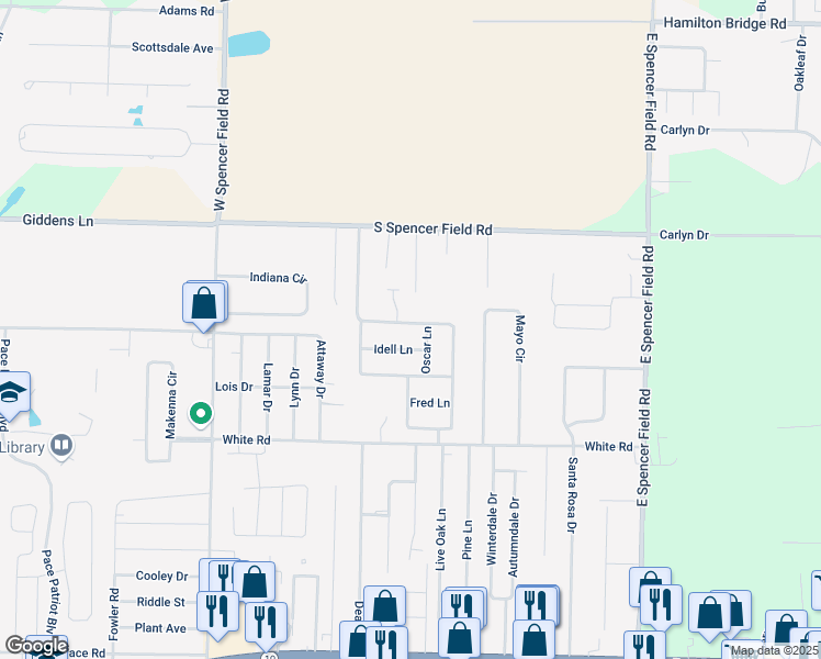 map of restaurants, bars, coffee shops, grocery stores, and more near 4867 Spencer Oaks Boulevard in Pace