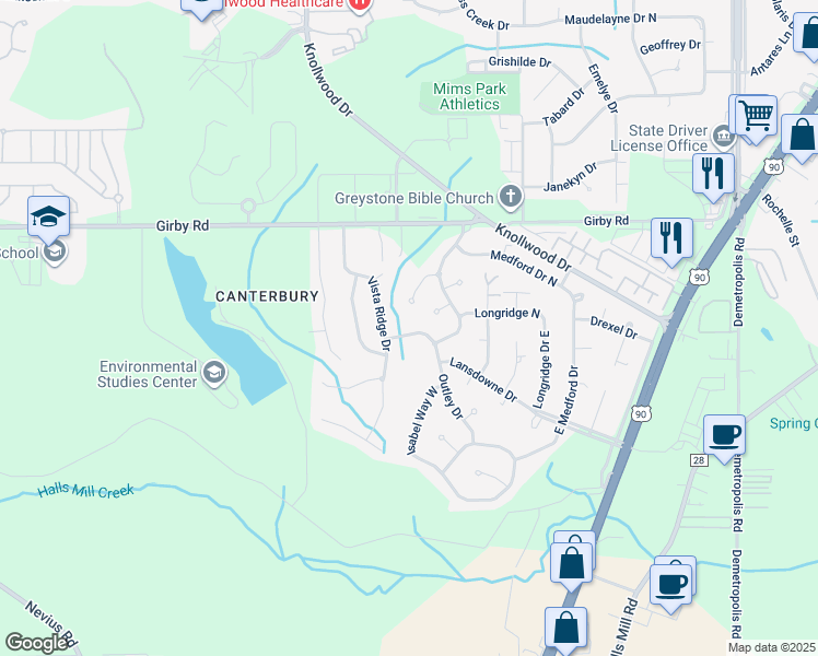 map of restaurants, bars, coffee shops, grocery stores, and more near 5516 Outley Drive in Mobile
