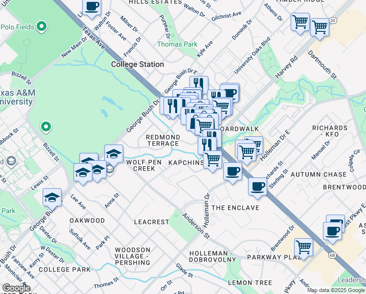 map of restaurants, bars, coffee shops, grocery stores, and more near 304 Redmond Drive in College Station