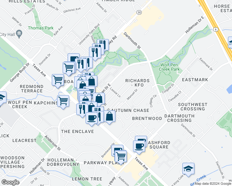 map of restaurants, bars, coffee shops, grocery stores, and more near 208 Richards Street in College Station