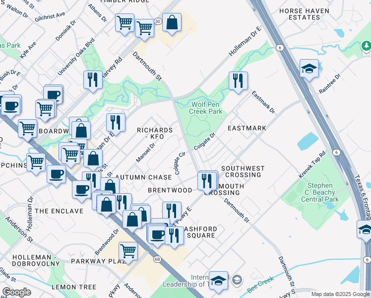 map of restaurants, bars, coffee shops, grocery stores, and more near 2300 Colgate Circle in College Station