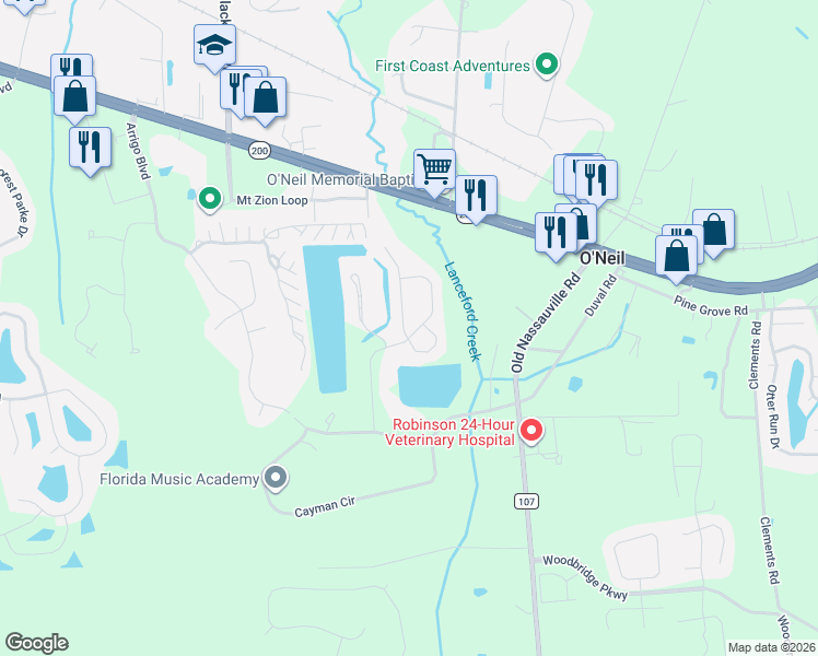 map of restaurants, bars, coffee shops, grocery stores, and more near 96291 Cavalier Way in Fernandina Beach