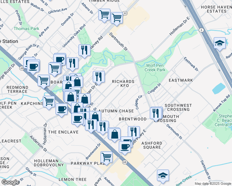 map of restaurants, bars, coffee shops, grocery stores, and more near 313 Manuel Drive in College Station