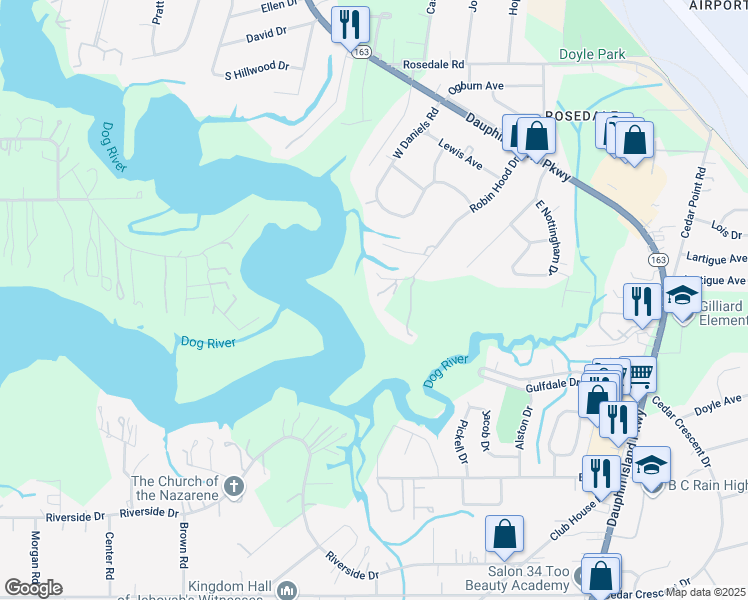 map of restaurants, bars, coffee shops, grocery stores, and more near 2657 Robin Hood Drive in Mobile