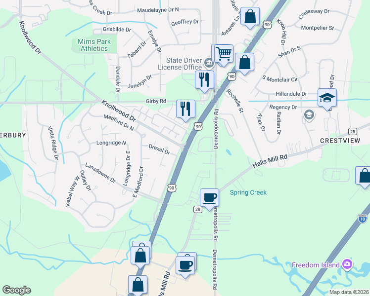 map of restaurants, bars, coffee shops, grocery stores, and more near 4006 Knollwood Drive in Mobile