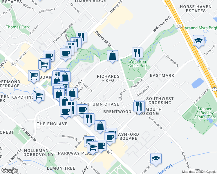 map of restaurants, bars, coffee shops, grocery stores, and more near 319 Manuel Drive in College Station