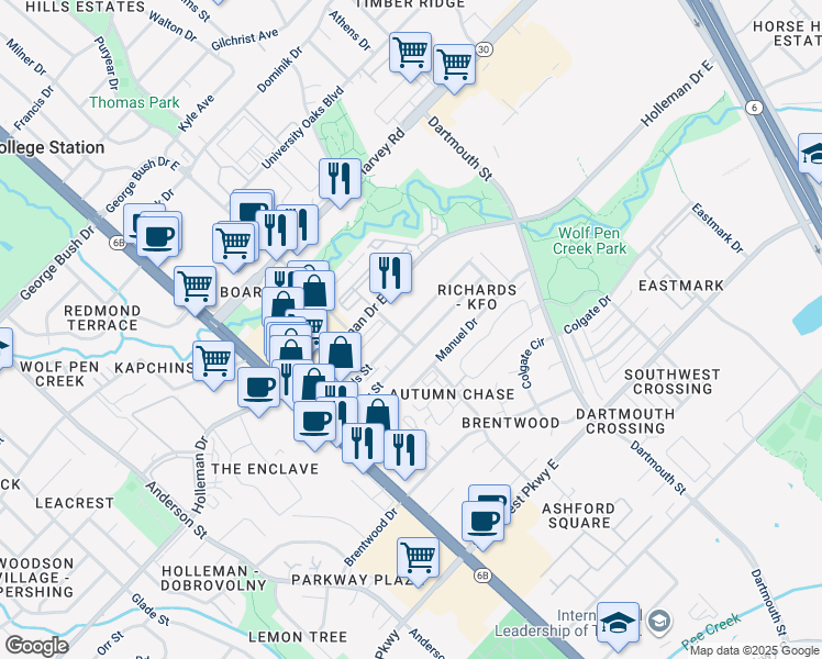 map of restaurants, bars, coffee shops, grocery stores, and more near 215 Sterling Street in College Station