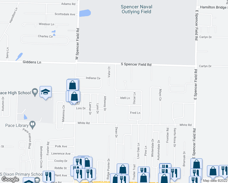 map of restaurants, bars, coffee shops, grocery stores, and more near 4203 Frasier Lane in Pace