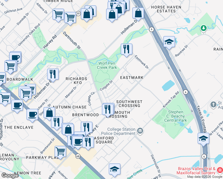 map of restaurants, bars, coffee shops, grocery stores, and more near 817 Camellia Court in College Station