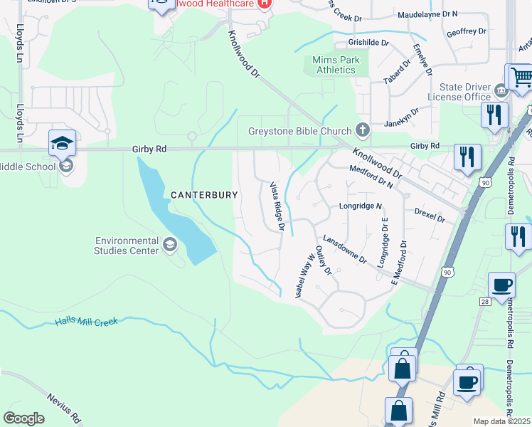 map of restaurants, bars, coffee shops, grocery stores, and more near 3632 Vista Ridge Drive in Mobile