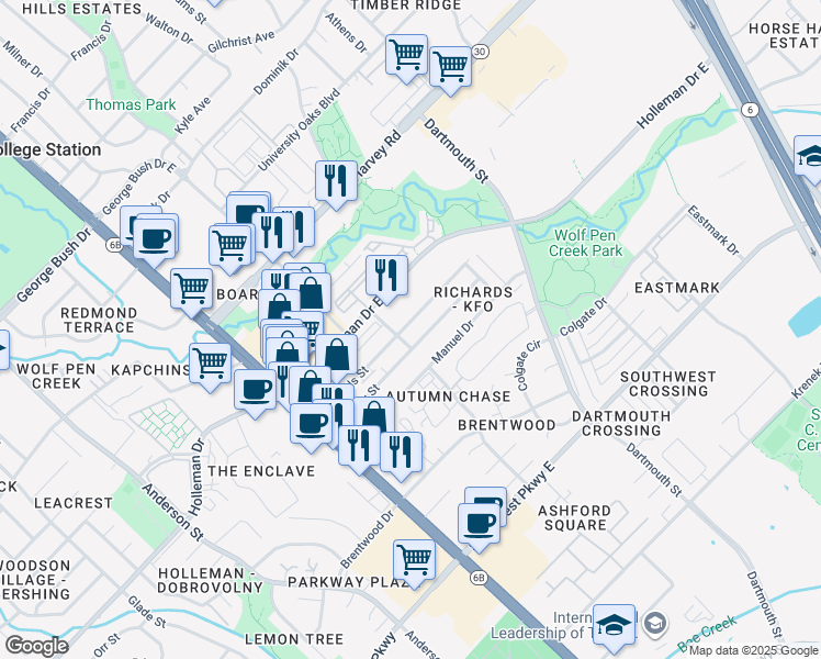 map of restaurants, bars, coffee shops, grocery stores, and more near 215 Sterling Street in College Station