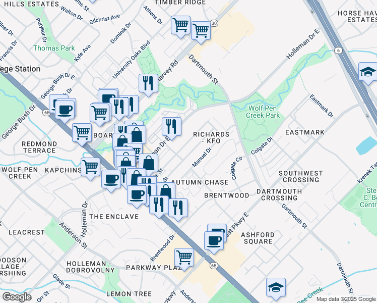map of restaurants, bars, coffee shops, grocery stores, and more near 215 Sterling Street in College Station