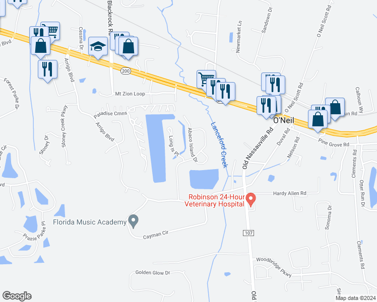 map of restaurants, bars, coffee shops, grocery stores, and more near 96189 Abaco Island Drive in Fernandina Beach