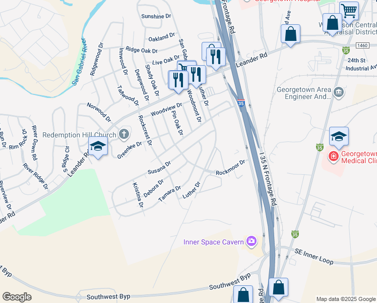 map of restaurants, bars, coffee shops, grocery stores, and more near 209 Susana Drive in Georgetown