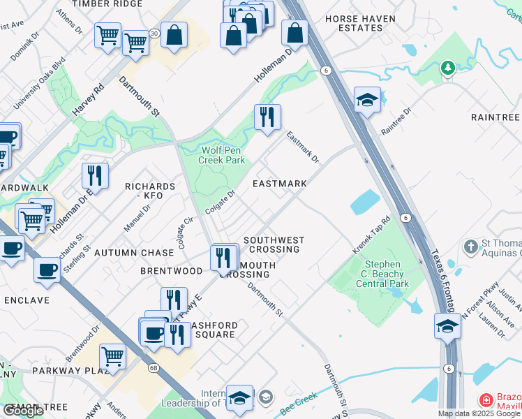 map of restaurants, bars, coffee shops, grocery stores, and more near 905 Azalea Court in College Station