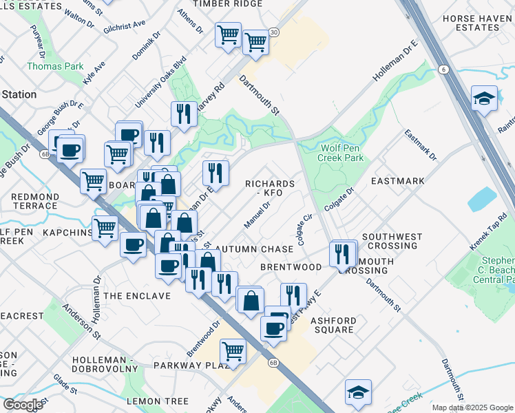 map of restaurants, bars, coffee shops, grocery stores, and more near 319 Manuel Drive in College Station