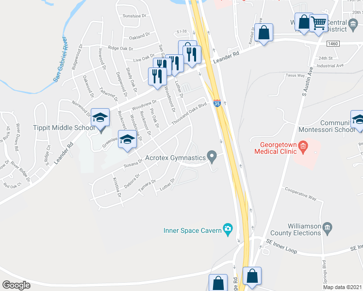 map of restaurants, bars, coffee shops, grocery stores, and more near 206 Tamara Drive in Georgetown
