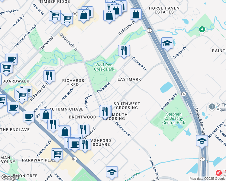 map of restaurants, bars, coffee shops, grocery stores, and more near 817 Camellia Court in College Station