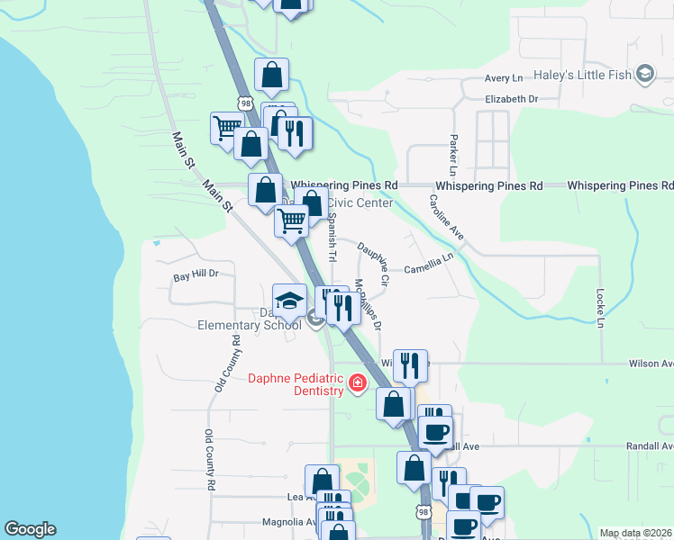 map of restaurants, bars, coffee shops, grocery stores, and more near 2500 Old Spanish Trail in Daphne