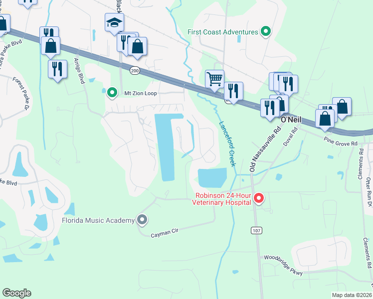 map of restaurants, bars, coffee shops, grocery stores, and more near 96066 Long Island Drive in Fernandina Beach