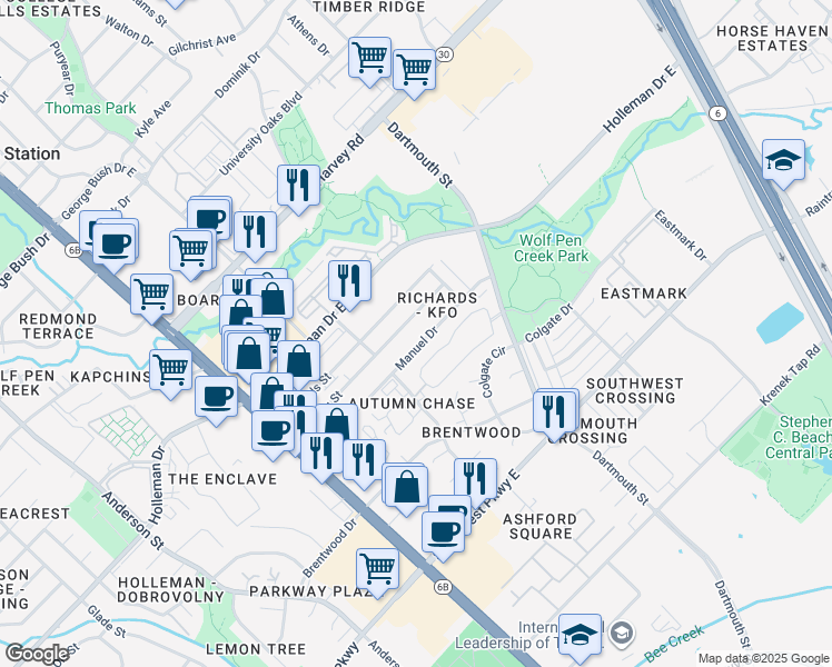 map of restaurants, bars, coffee shops, grocery stores, and more near 315 Manuel Drive in College Station