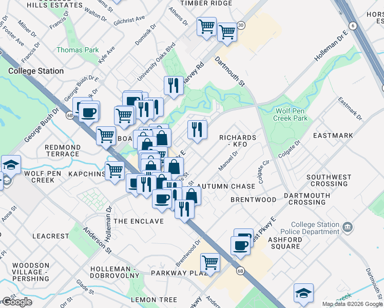 map of restaurants, bars, coffee shops, grocery stores, and more near 207 Richards Street in College Station