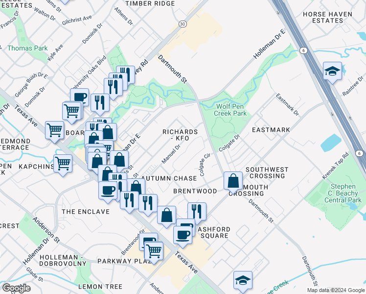 map of restaurants, bars, coffee shops, grocery stores, and more near 400 Manuel Drive in College Station