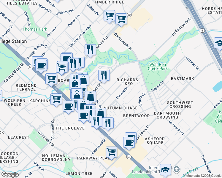 map of restaurants, bars, coffee shops, grocery stores, and more near 215 Sterling Street in College Station