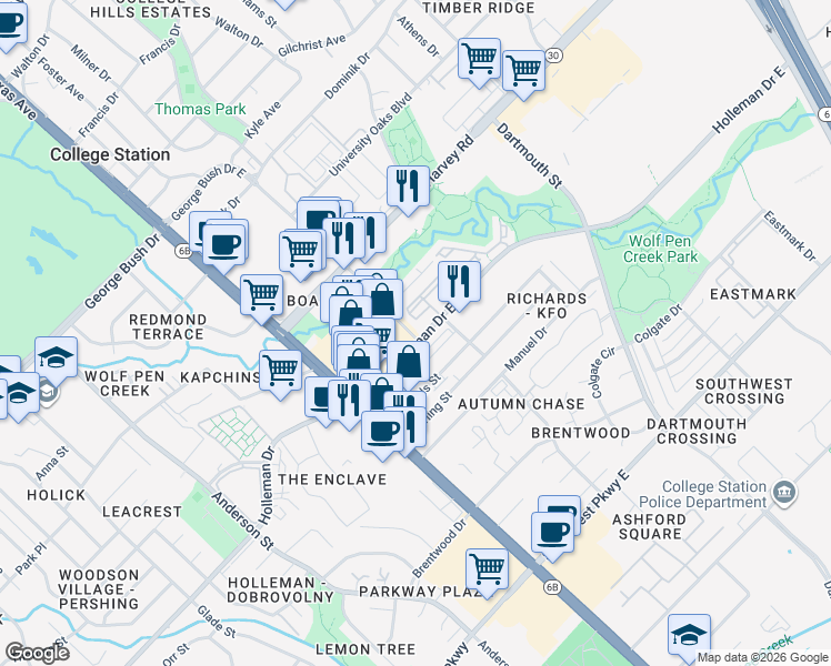 map of restaurants, bars, coffee shops, grocery stores, and more near in College Station