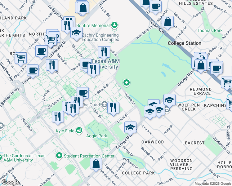 map of restaurants, bars, coffee shops, grocery stores, and more near 700 Mosher Lane in College Station