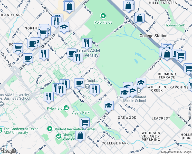 map of restaurants, bars, coffee shops, grocery stores, and more near 700 Mosher Lane in College Station