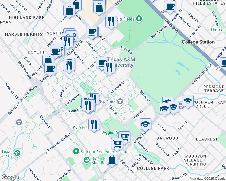 map of restaurants, bars, coffee shops, grocery stores, and more near 588 Lamar Street in College Station
