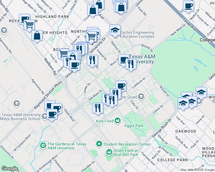 map of restaurants, bars, coffee shops, grocery stores, and more near 400 Bizzell Street in College Station