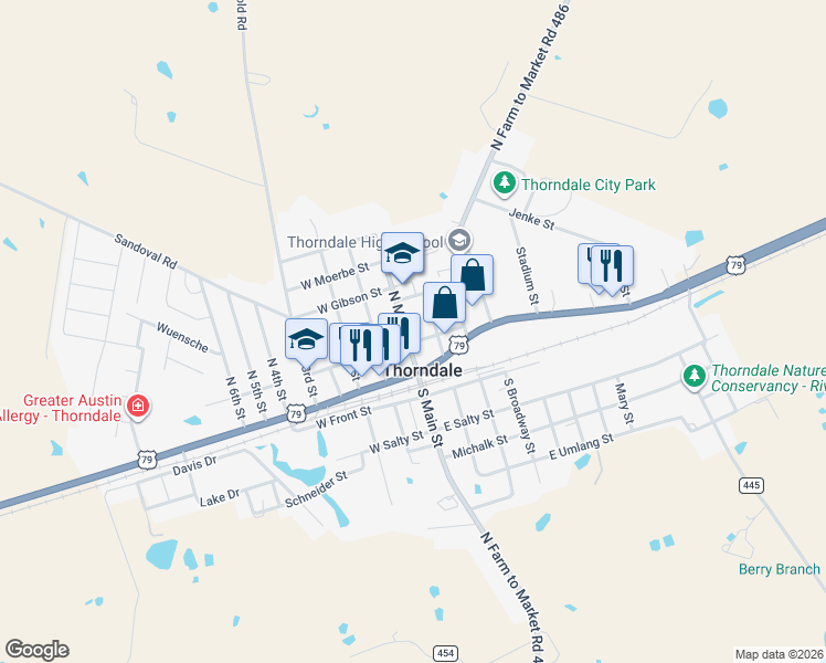 map of restaurants, bars, coffee shops, grocery stores, and more near 200 North Main Street in Thorndale