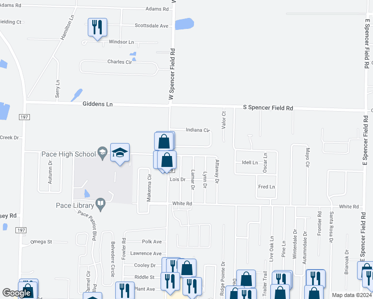 map of restaurants, bars, coffee shops, grocery stores, and more near 4233 Indiana Circle in Pace