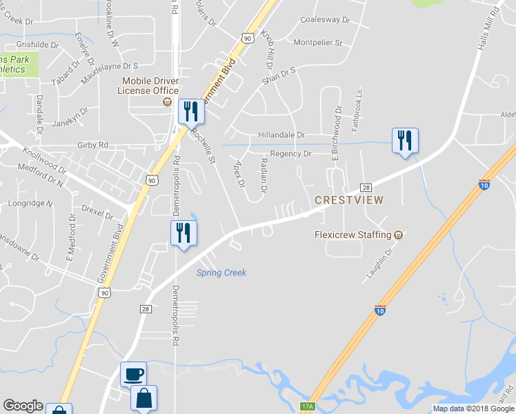 map of restaurants, bars, coffee shops, grocery stores, and more near 1558 Apex Drive in Mobile