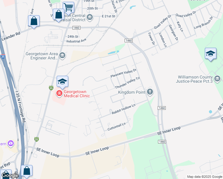 map of restaurants, bars, coffee shops, grocery stores, and more near 314 Thunder Valley Trail in Georgetown