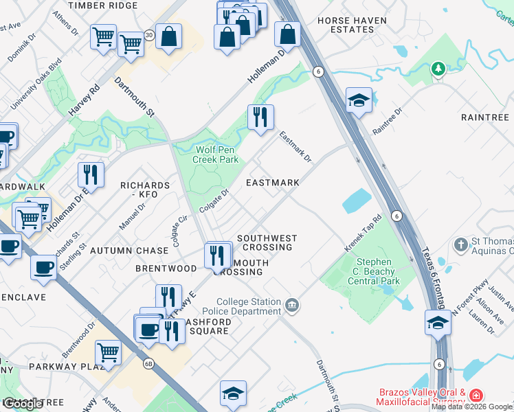 map of restaurants, bars, coffee shops, grocery stores, and more near 905 Azalea Court in College Station